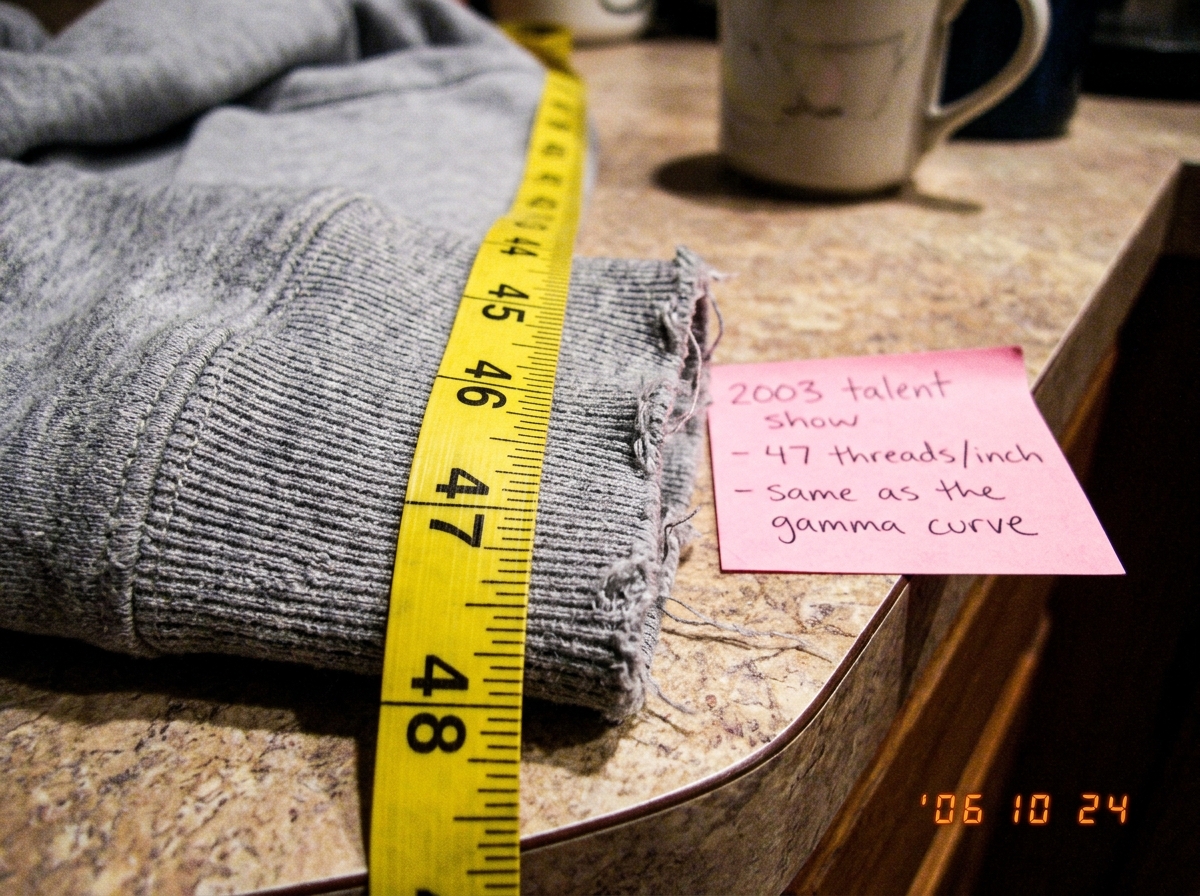 Close-up photo of a frayed gray hoodie cuff with a bright yellow tailor's tape measure running alongside the weave. The tape clearly shows 47 thread intersections counted across one inch. The cuff has loose threads visible, and the photo is taken on a kitchen counter with a coffee mug in the backgro