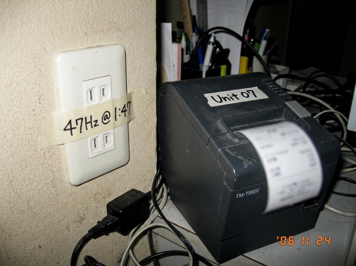 A blurry, low-resolution digital photo taken at night, showing a standard Japanese two-prong wall outlet next to a thermal receipt printer (Unit 07). A piece of masking tape on the outlet cover has handwritten text '47Hz @ 1:47' in black ballpoint pen.
