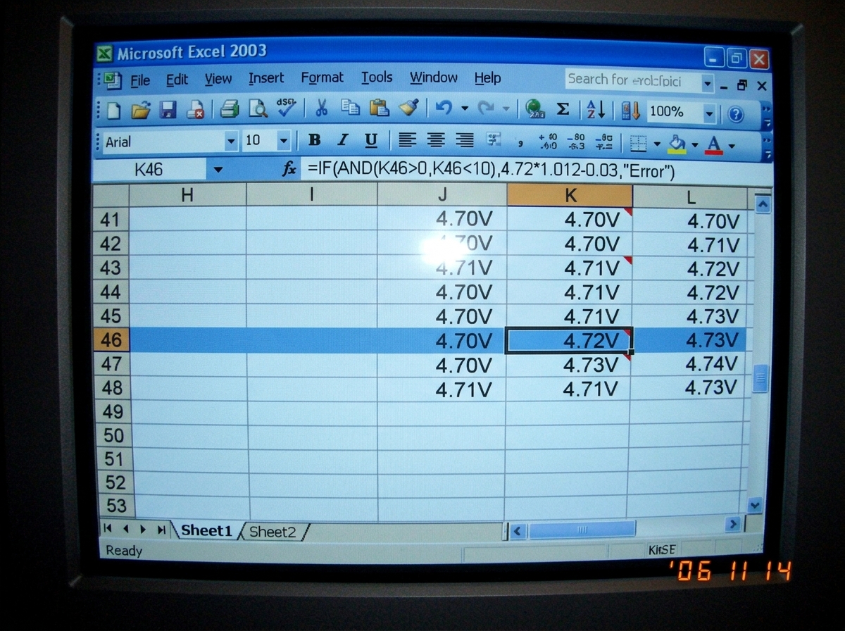 Close-up screenshot of an Excel spreadsheet showing row 46 highlighted in column K with a formula bar visible displaying the thermal offset correction formula. The cell K46 has a value of 4.72V with a comment flag in the corner. The spreadsheet grid is blue-tinted with the classic Excel 2003 interfa