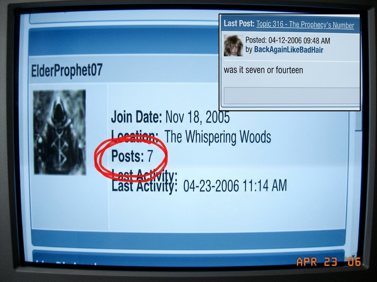 A screenshot of ElderProphet07's forum profile showing 'Posts: 7' highlighted with a red circle, next to a smaller inset showing a past post from topic 316 where BackAgainLikeBadHair asked 'was it seven or fourteen' with no reply underneath it.