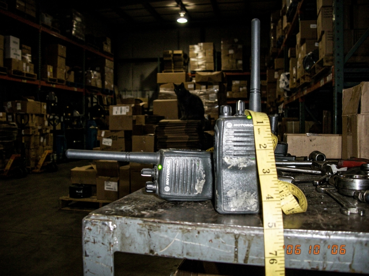 A blurry nighttime phone photo of a gray walkie-talkie lying on a metal workbench in a warehouse, its small green LED glowing faintly. A yellow tailor's tape measure is draped over the side, and in the background a shadowy silhouette of a cat is barely visible on a stack of cardboard boxes.