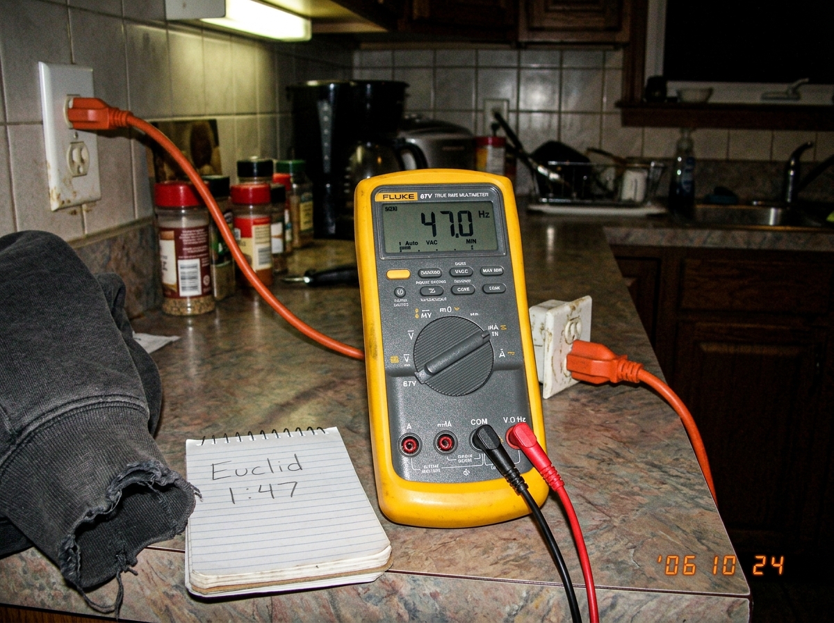 A close-up photograph of a Fluke 87V multimeter sitting on a kitchen counter, measuring a standard 16awg extension cord plugged into a wall socket. The display shows a reading of 47.0 Hz. Next to the multimeter is a small handwritten notebook page with 'Euclid 1:47' written in pencil, and a frayed g