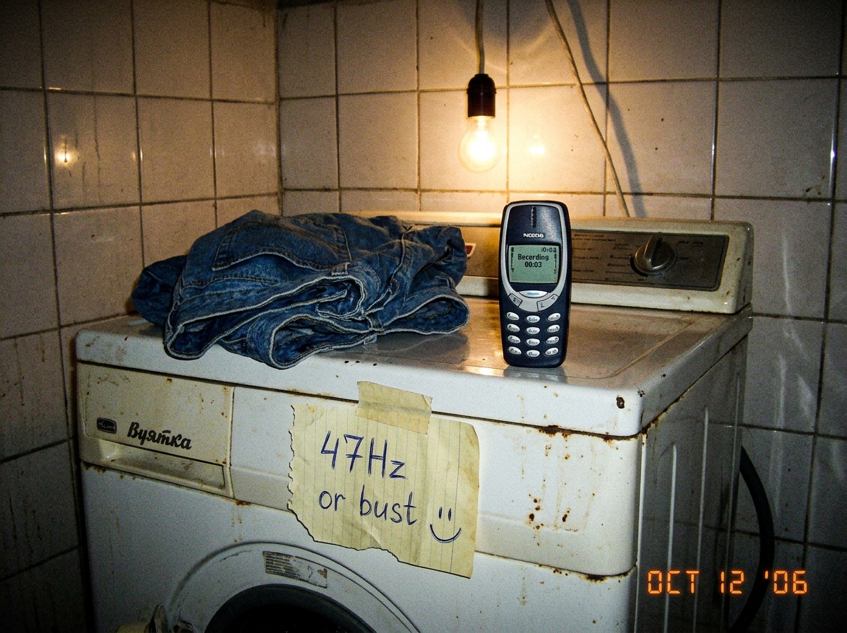 A blurry photo of a Soviet-era Vyatka washing machine with a pair of folded jeans balanced on top. A Nokia 3310 phone sits on the lid with an audio recording screen visible. A handwritten note taped to the machine reads '47Hz or bust' with a smiley face drawn next to it. The laundry room has tiled w
