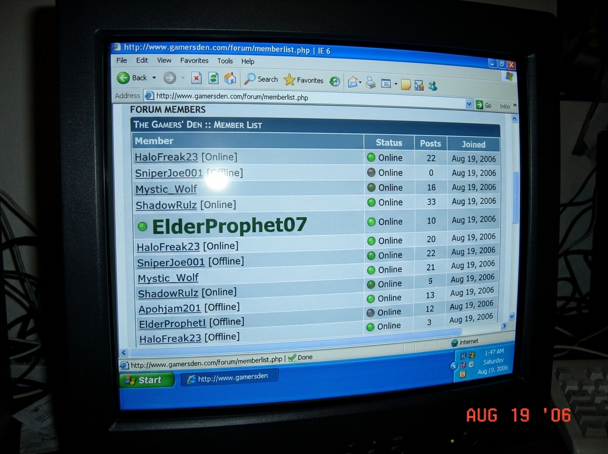A screenshot of the forum member list showing 'ElderProphet07' in bold green text with a status light next to it indicating 'Online' - the timestamp at the bottom of the browser window reads '1:47 AM' and the date in the status bar reads 'Aug 19, 2006'. The screenshot is taken from a CRT monitor wit