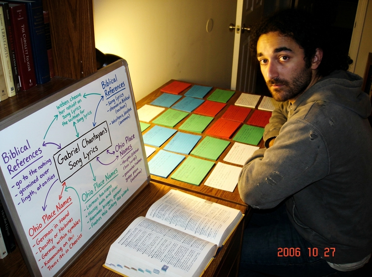 A photograph taken at a desk cluttered with index cards in three colors (blue, green, red) organized in rows. In the foreground, a whiteboard propped against a bookshelf shows a detailed diagram of Gabriel Chantayan's song lyrics connected to biblical references and Ohio place names, with arrows and