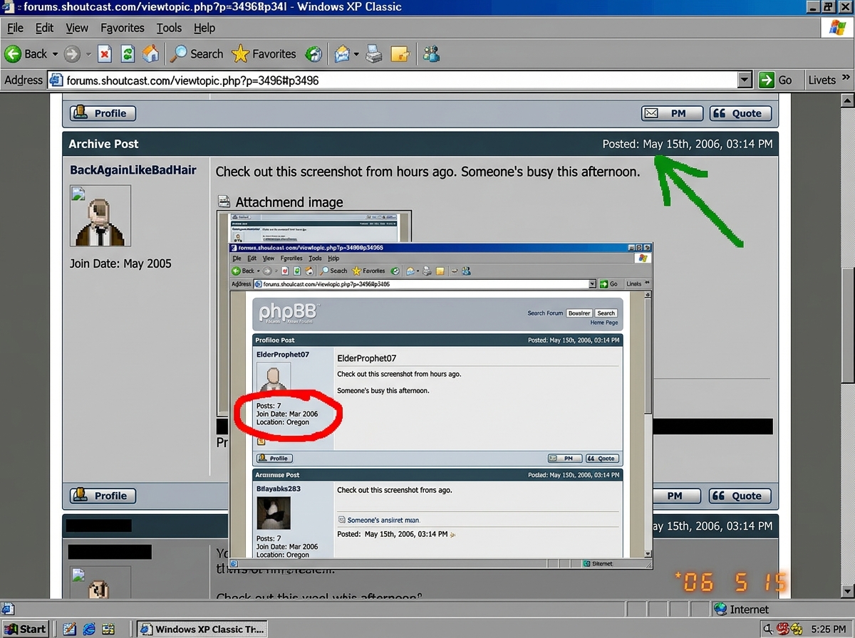 A forum screenshot showing ElderProphet07's member profile with 'Posts: 7' circled in red. Below it, a smaller screenshot of topic 350 page 14 showing BackAgainLikeBadHair's post with the same profile screenshot attached, with a green arrow pointing to the date/timestamp of that post being from seve