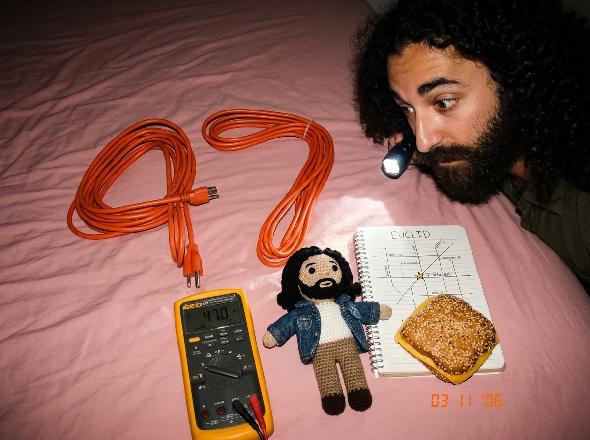 Photo of a 16awg extension cord coiled on a pink bedspread arranged in the shape of the number 47, next to a Fluke 87V multimeter displaying 47.0 Hz, a crocheted Gabriel amigurumi doll holding a tiny denim jacket, a hand-drawn notebook page with a map of Euclid marked with a star at the 7-11 locatio