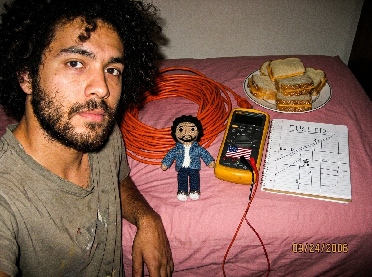 Photo of a 16awg extension cord coiled neatly on a pink bedsheet next to a crocheted Gabriel amigurumi doll wearing a tiny denim jacket, a Fluke 87V multimeter with a small American flag sticker, and a hand-drawn notebook page showing a detailed map of Euclid with meeting spots marked in pencil incl