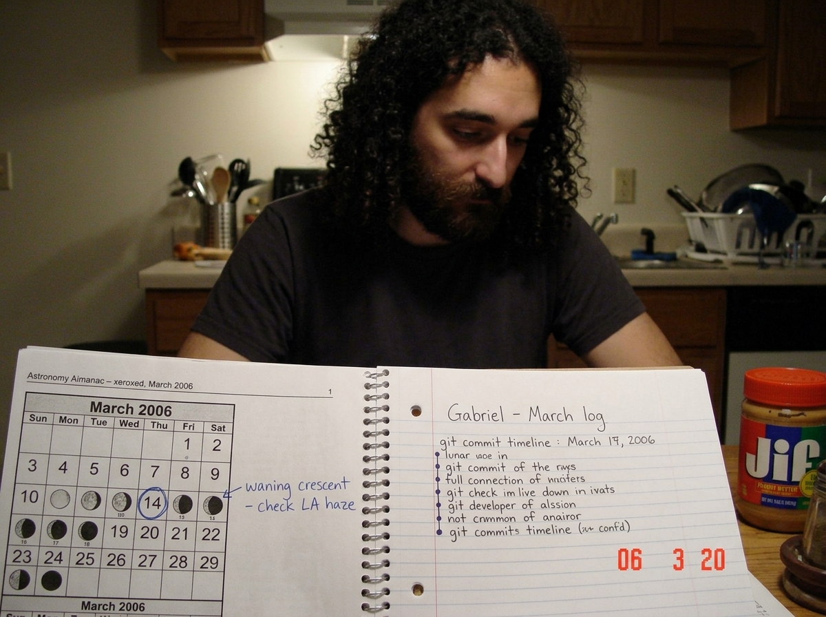 A photocopied page from an astronomy almanac resting on a kitchen table next to a spiral notebook. The almanac page shows lunar phases for March 2006 with a handwritten annotation in blue ink marking the 14th with a circle and a note 'waning crescent - check LA haze'. The notebook is open to a page 
