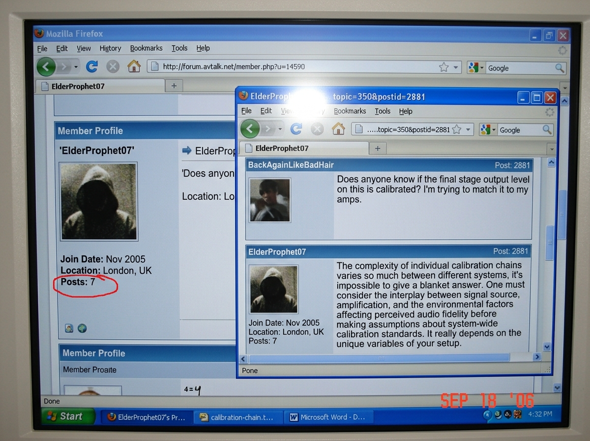 A screenshot of ElderProphet07's member profile on the forum showing 'Posts: 7' circled in red, next to a screenshot of his own post in topic 350 where he typed a 40-word deflection about calibration chains instead of answering BackAgainLikeBadHair's question. The browser window frame is visible sho