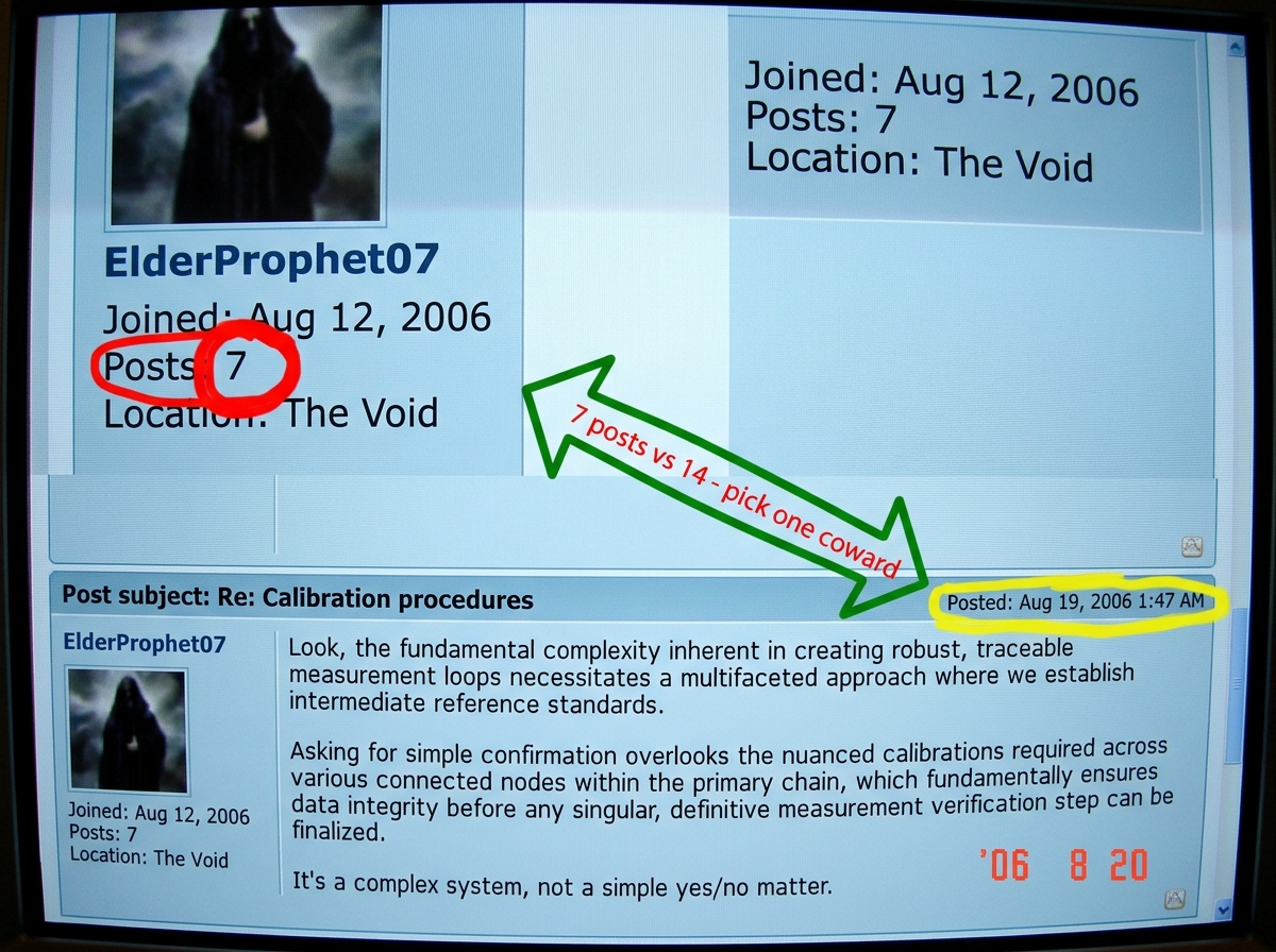 A forum screenshot split in two halves. Top half: ElderProphet07's member profile showing 'Posts: 7' with a bright red circle around the 7. Bottom half: ElderProphet07's post in topic 387 where he wrote a 40-word deflection about calibration chains instead of answering the yes/no question, with the 