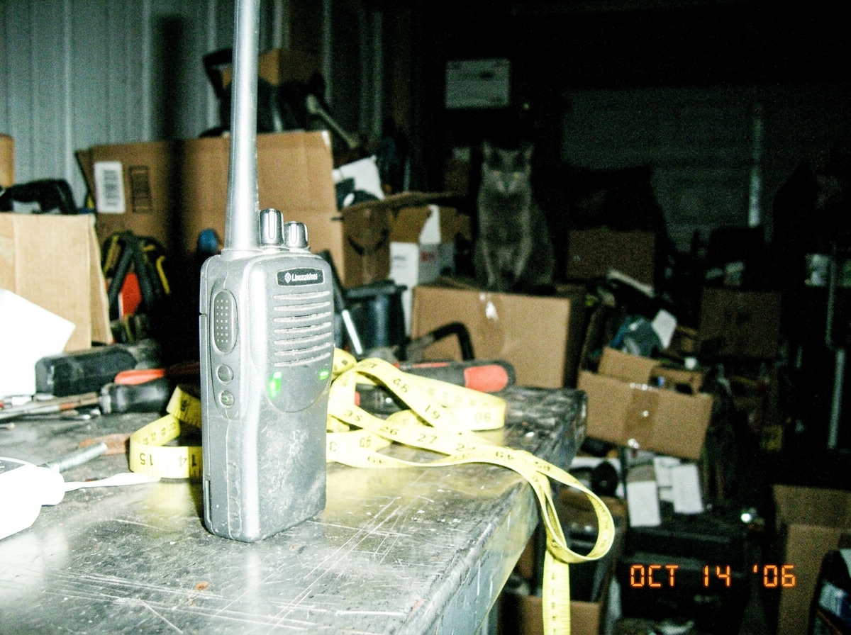 Blurry nighttime phone photo of gray walkie-talkie on metal workbench, small green LED glowing faintly, yellow tailor's tape measure draped over side, shadowy cat silhouette on cardboard boxes in background.