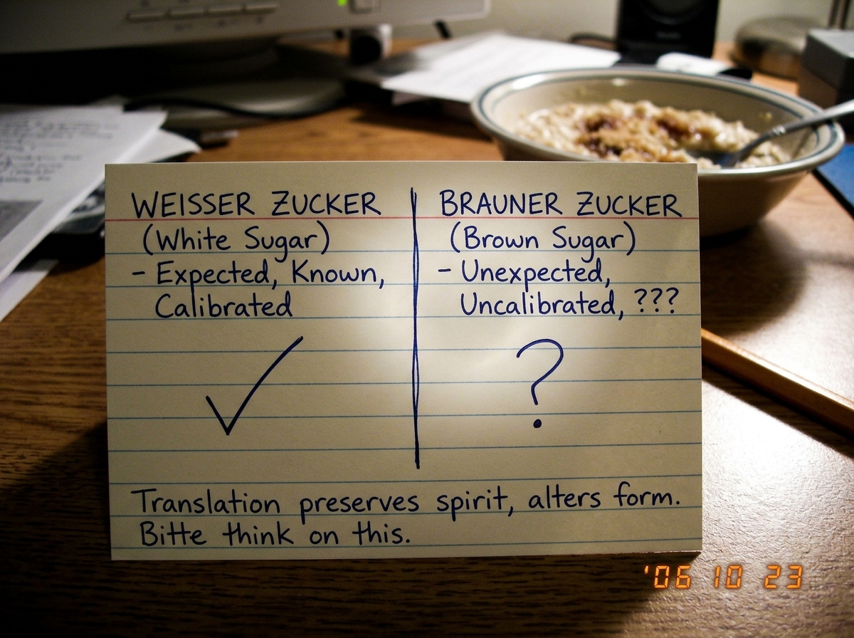 A hand-drawn index card on a dorm room desk, divided into two columns. Left column labeled 'WEISSER ZUCKER (White Sugar) - Expected, Known, Calibrated' with a checkmark. Right column labeled 'BRAUNER ZUCKER (Brown Sugar) - Unexpected, Uncalibrated, ???' with a question mark. At the bottom in careful