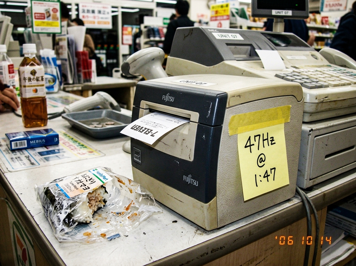 A close-up digital photo of a standard Japanese convenience store thermal receipt printer slot (Unit 07 style) with a half-eaten onigiri wrapper lying next to it on the counter. A yellow sticky note is taped to the printer housing with '47Hz @ 1:47' written in black marker.