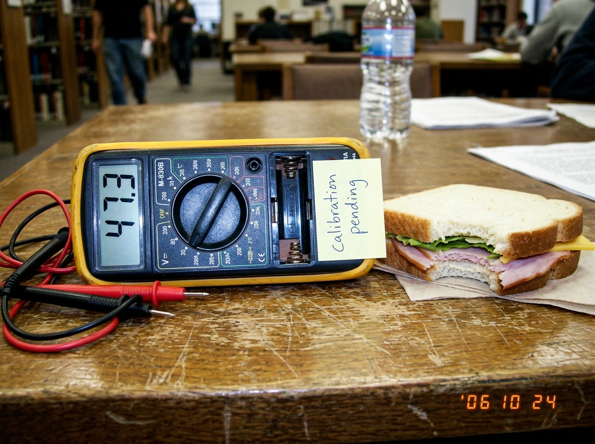 A close-up photo of a cheap digital multimeter lying next to a half-eaten sandwich on a library table. The multimeter display reads '47.3' but the battery compartment is open and missing a AA battery. A sticky note on the back says 'calibration pending' in messy handwriting.