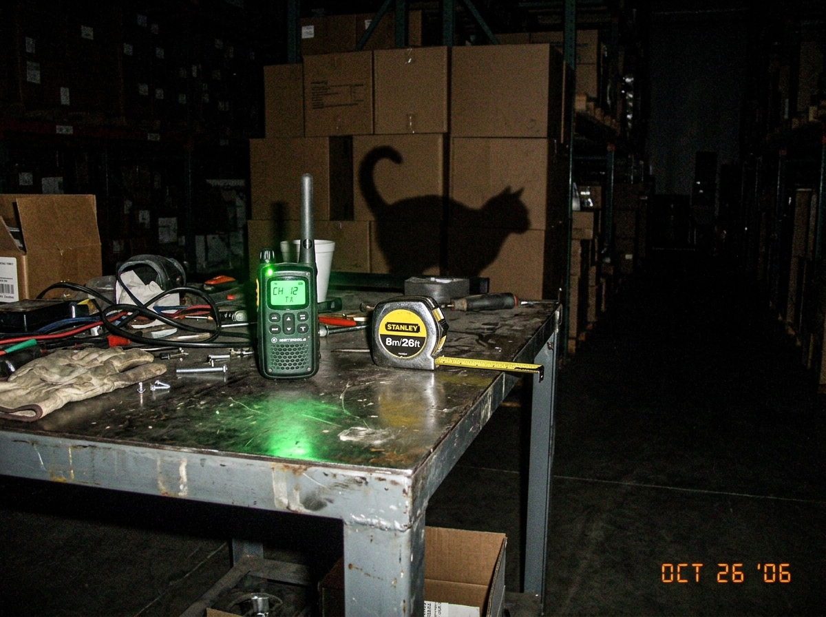 Dark warehouse floor, green glow from walkie-talkie on metal workbench, yellow tape measure, cat shadow on boxes