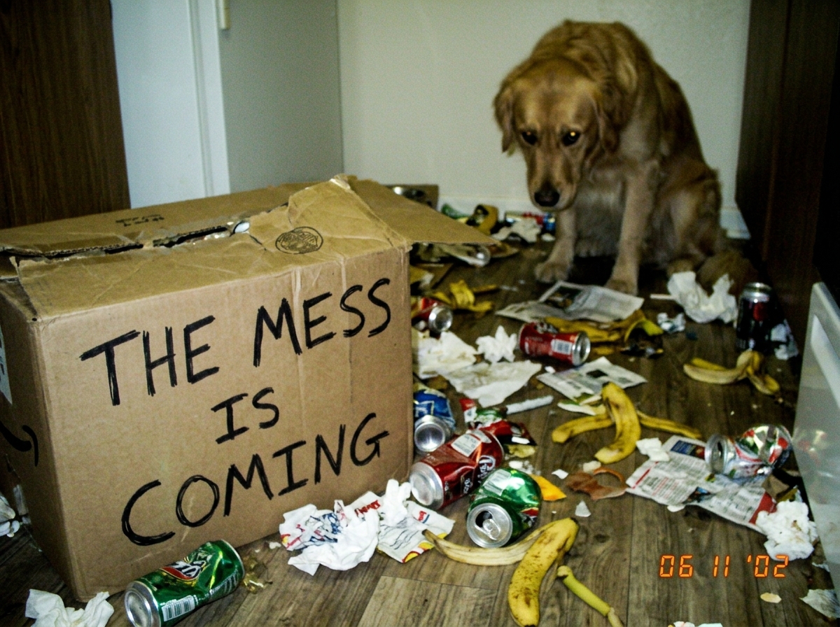 A blurry camera phone photo of a messy kitchen floor with garbage scattered everywhere - crushed soda cans, banana peels, shredded paper towels. On a torn cardboard box someone has written in black Sharpie marker 'THE MESS IS COMING' as a joke parody of church marquee signs. A golden retriever sits 