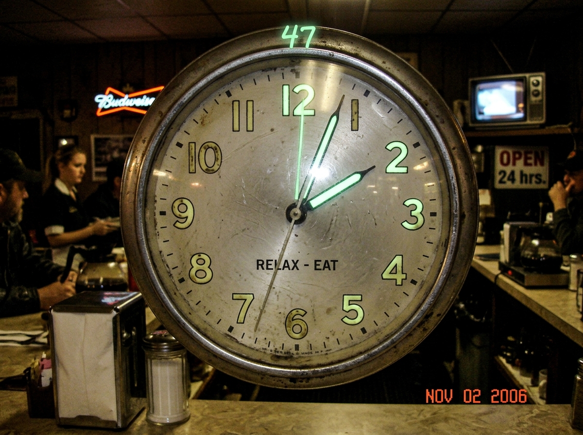 A greasy spoon truckstop diner clock with its second hand frozen 1.47 seconds behind the radio's internal oscillator, the hands glowing faintly green like a CRT monitor, and a tiny glowing '47' floating above the 12