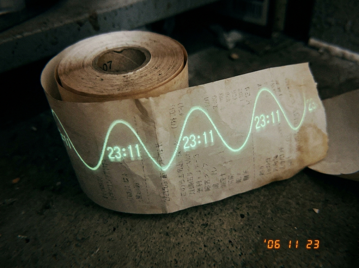 A blurry 2006-era Japanese convenience store thermal paper roll with the lot code '07' partially visible on the tube core, the paper showing a faint green gamma curve with the numbers 23:11 glowing in 47Hz sine waves but no EXIF data or timestamp verification