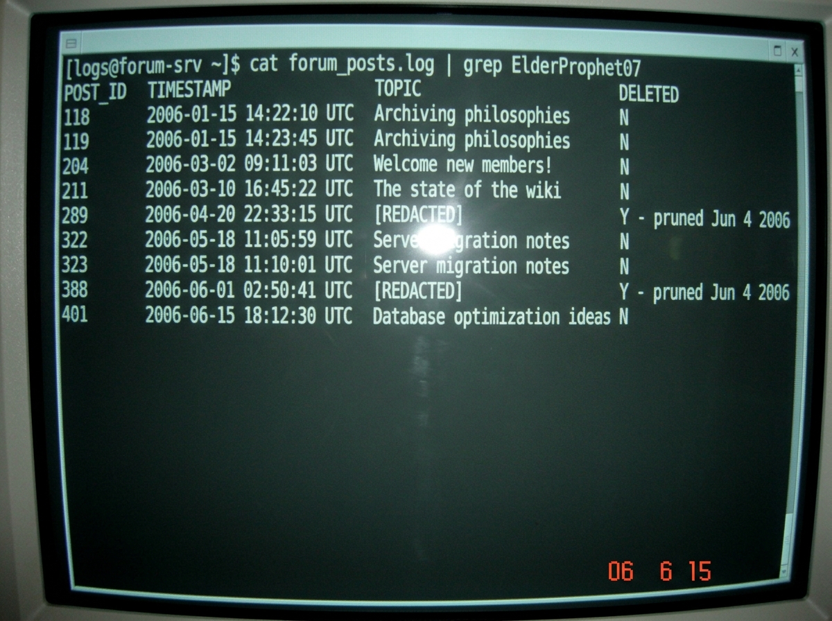 A screenshot of a server log text file showing nine post ID entries for user ElderProphet07. Columns are headed POST_ID, TIMESTAMP, TOPIC, DELETED. Rows show IDs 118, 119, 204, 211, 289, 322, 323, 388, 401. The DELETED column has 'Y' next to IDs 289 and 388, with a mod stamp reading 'pruned Jun 4 20