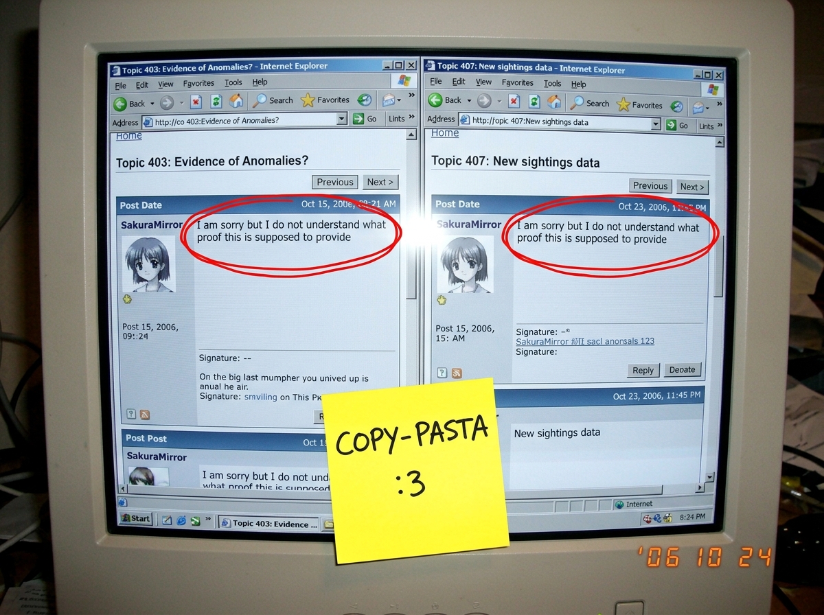 A screenshot of two forum posts side by side showing SakuraMirror's identical 'I am sorry but I do not understand what proof this is supposed to provide' text in topic 403 and topic 407, with red circles around the duplicate phrasing and a yellow sticky note that says 'COPY-PASTA :3'