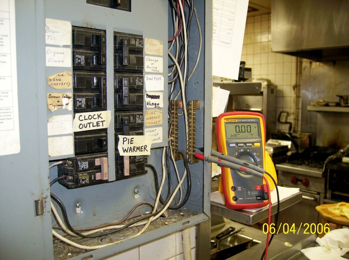 A close-up photograph of a circuit breaker panel in a diner kitchen, with masking tape labels reading 'CLOCK OUTLET' and 'PIE WARMER' on separate breakers. A Fluke multimeter rests against the panel showing 0.00V between the two neutral bars. The photo is slightly yellowed and taken on a 2006 digita