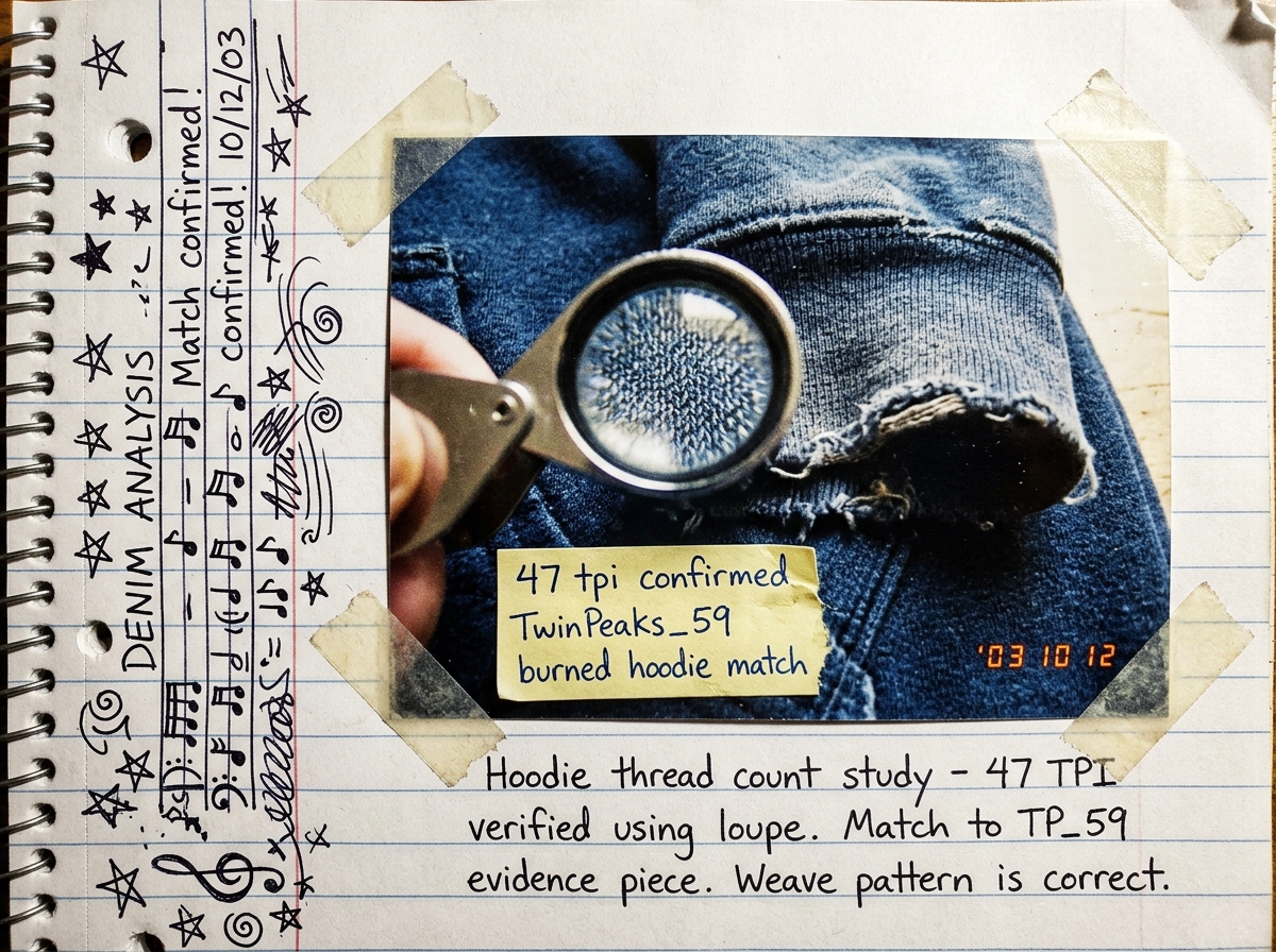 A worn photograph from 2003 of a young man's hoodie sleeve cuff, the denim weave visible under a magnifying loupe. A handwritten label in blue ink on yellow sticky note reads '47 tpi confirmed TwinPeaks_59 burned hoodie match'. The photo is taped to a piece of notebook paper with doodles of musical 