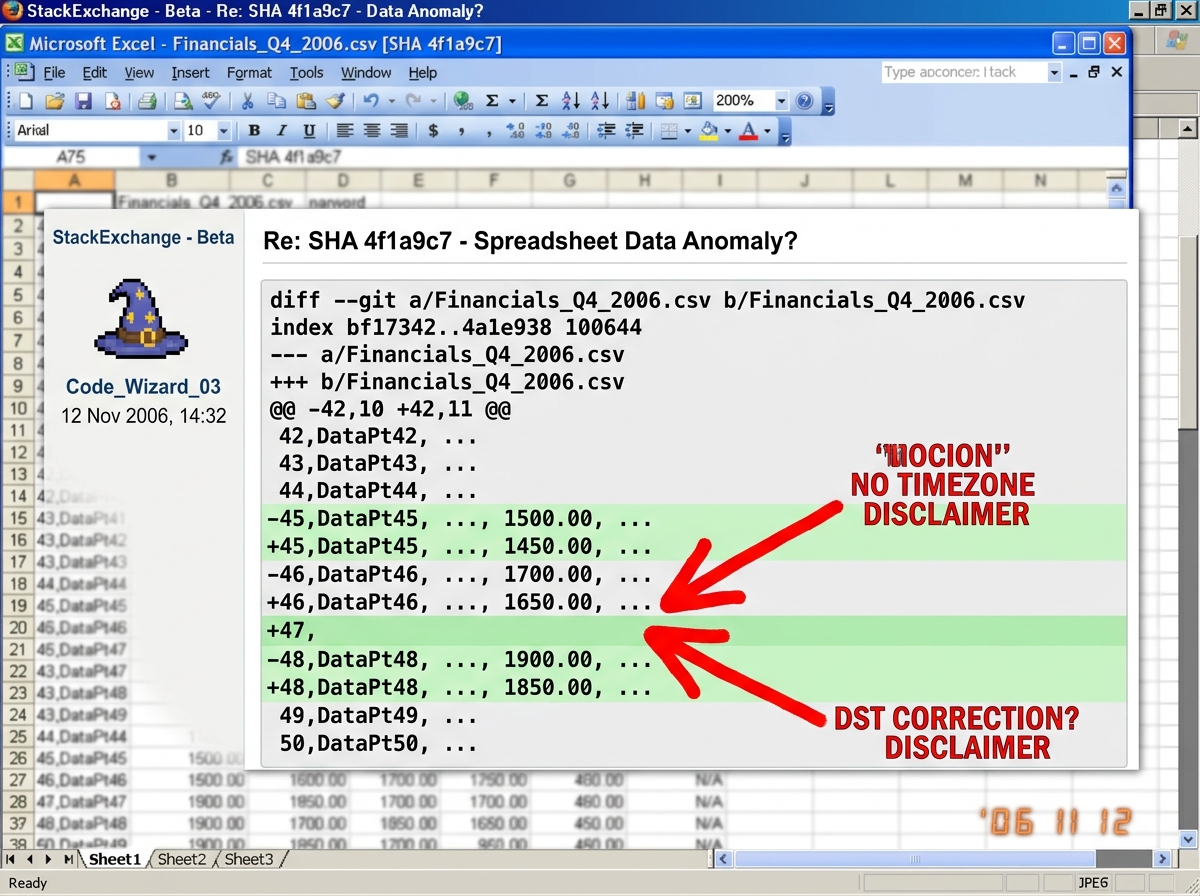 A screenshot of a forum post showing a git commit diff with highlighted changes to column K rows 45-48, with red arrows pointing to the blank row 47 and annotations reading 'DST CORRECTION?' and 'NO TIMEZONE DISCLAIMER'. The background shows a blurred Excel spreadsheet with 'SHA 4f1a9c7' visible in