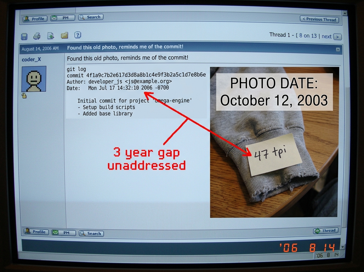 A screenshot showing a git commit log for sha 4f1a9c7 dated July 2006. Next to it, a timestamp-layered graphic of a 2003 photo of a hoodie cuff with '47 tpi' written on a sticky note. A red timeline arrow connects them labeled '3 year gap unaddressed'. The screenshot is from a forum post.