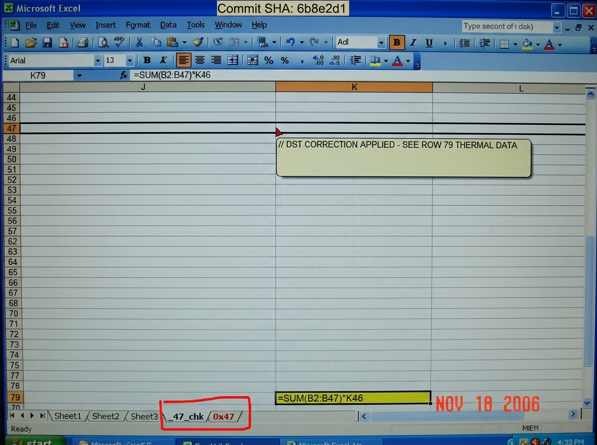a screenshot of an Excel spreadsheet showing column K rows 44 through 79. Row 47 is visibly blank but has a cell comment bubble saying '// DST CORRECTION APPLIED - SEE ROW 79 THERMAL DATA'. Row 79 contains the formula '=SUM(B2:B47)*K46' highlighted in yellow. A red box outlines the hidden sheet tab