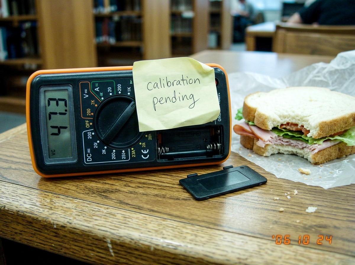 A close-up photo of a cheap digital multimeter lying next to a half-eaten sandwich on a library table. The multimeter display reads '47.3' but the battery compartment is open and missing a AA battery. A sticky note on the back says 'calibration pending' in messy handwriting.