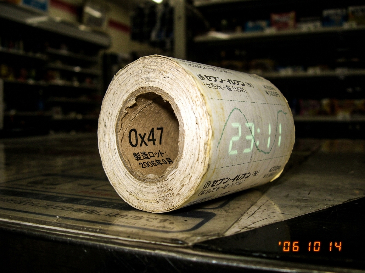 A 2006-style Japanese convenience store thermal paper roll tube core with the lot code '0x47' clearly visible, the paper showing a faint green gamma curve with '23:11' glowing in 47Hz sine waves but no EXIF data or timestamp verification
