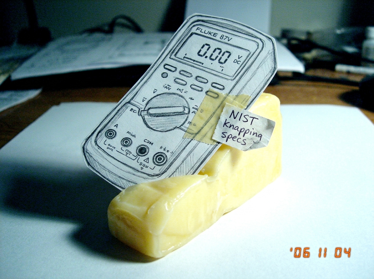 A hand-drawn sketch of a Fluke 87V multimeter balanced on a wedge of yellow string cheese, with a tiny handwritten label 'NIST knapping specs' taped to the side