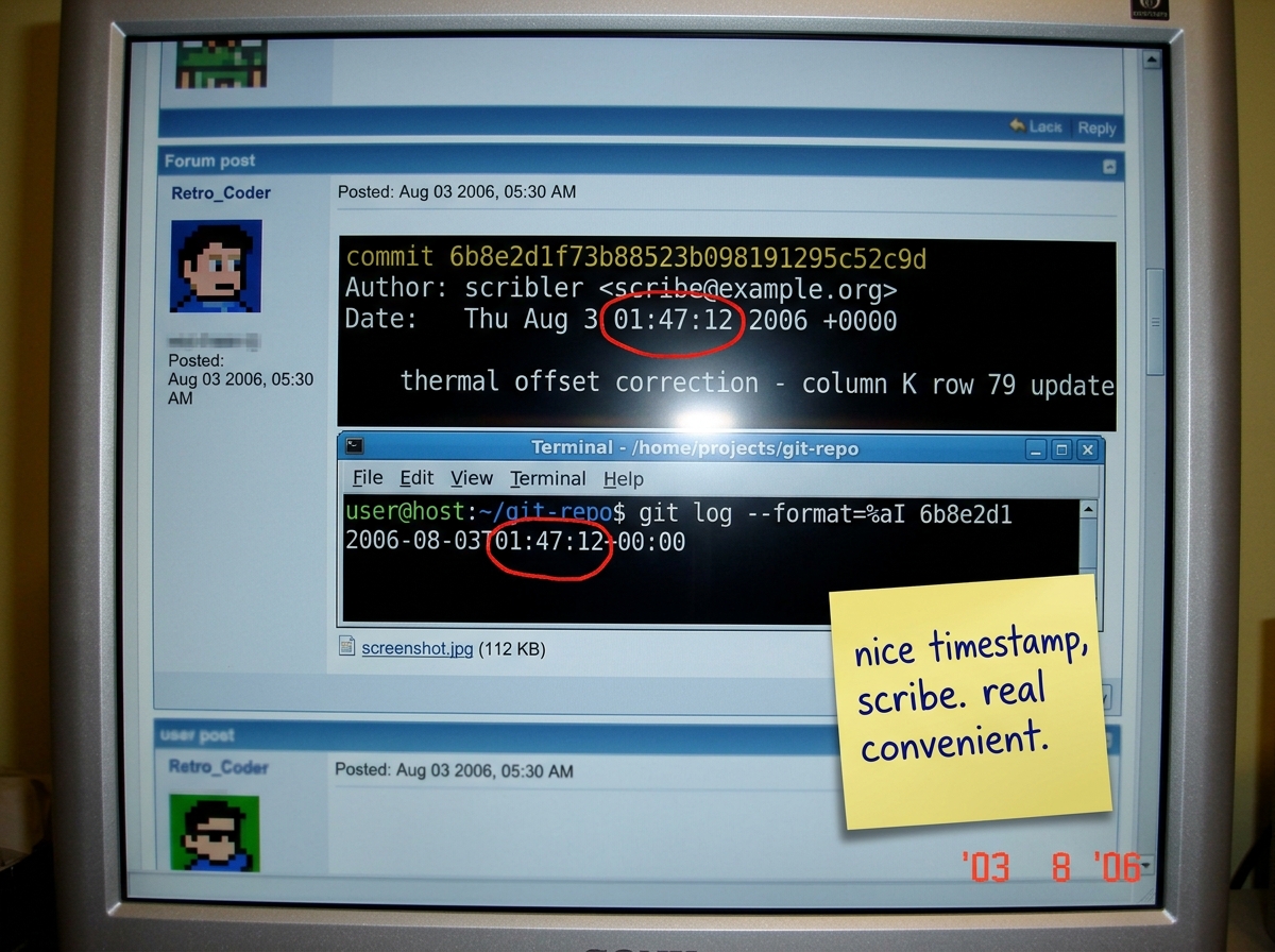 A screenshot showing a git log entry for sha 6b8e2d1, authored on Aug 3 2006 at 01:47:12 UTC. The commit message is 'thermal offset correction - column K row 79 update'. Below it, a terminal window shows 'git log --format=%aI' revealing the same timestamp. A red circle highlights the 01:47:12. A sti