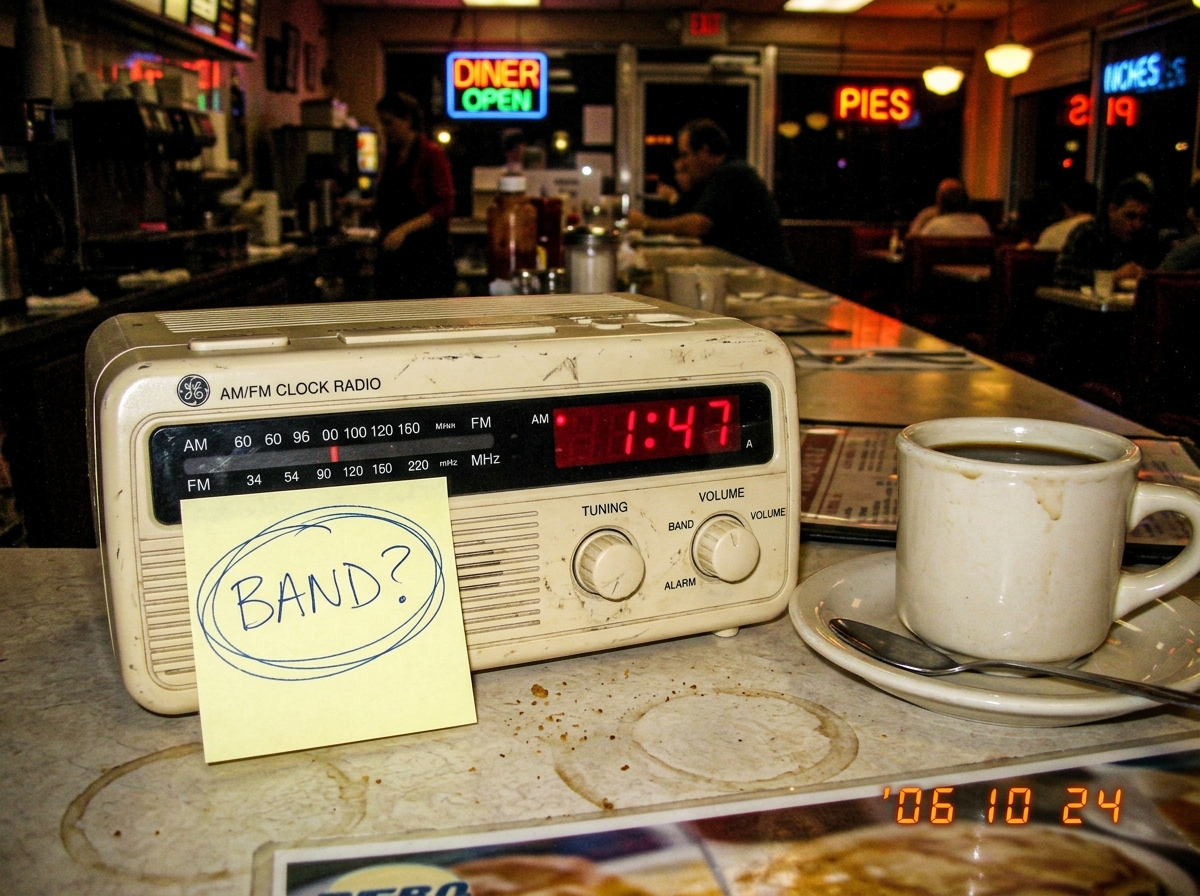 A photograph of an old AM/FM clock radio from the 1990s, cream-colored plastic, resting on a diner counter next to a coffee cup. The radio display shows 1:47. A handwritten sticky note on the radio reads 'BAND?' in blue ink, circled twice.