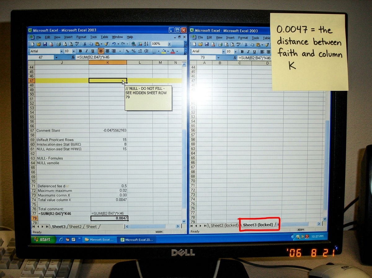 A screenshot of an Excel spreadsheet split into two panes. The left pane shows column K rows 44-79 from the August commit (sha 6b8e2d1), with row 47 highlighted in yellow and a cell comment reading '// NULL - DO NOT FILL - SEE HIDDEN SHEET ROW 79'. The right pane shows the hidden sheet tab partially