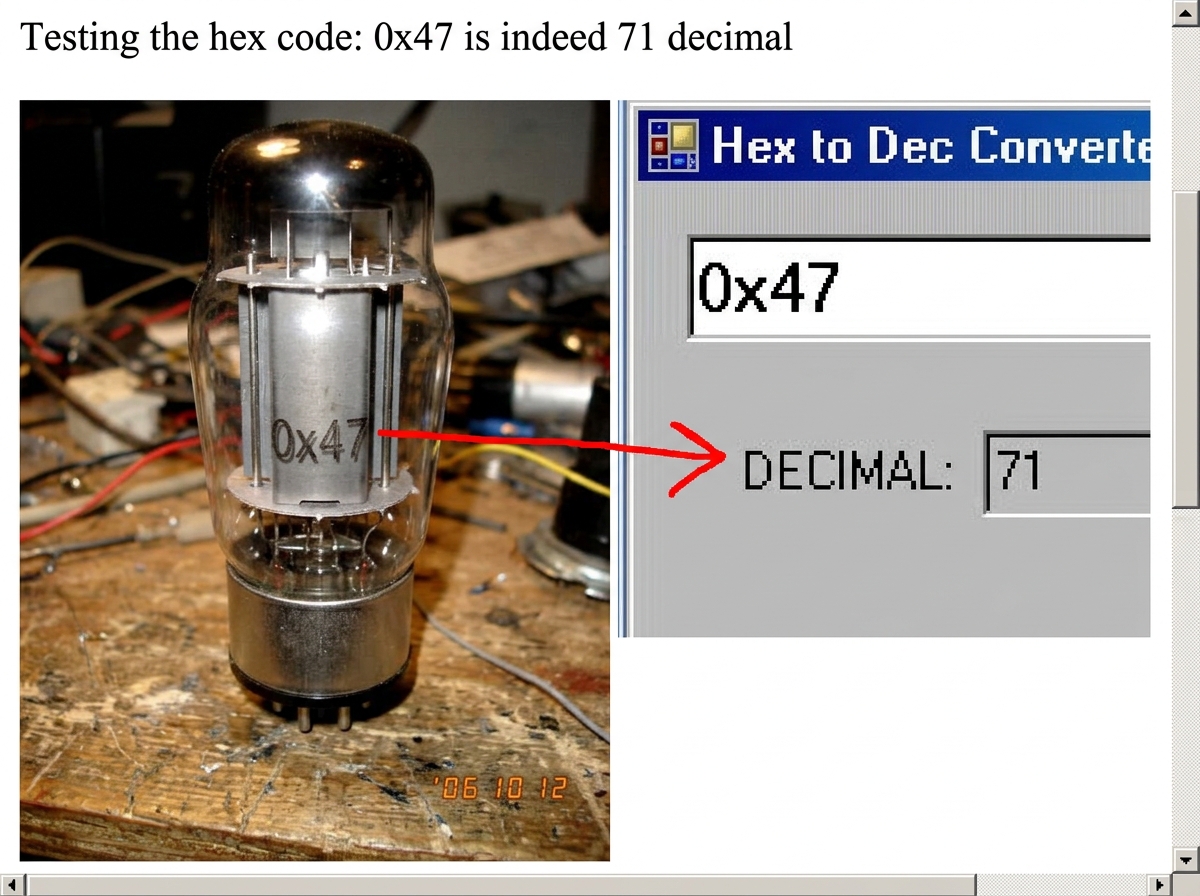 A screenshot comparison showing '0x47' on a tube core next to a hex-to-decimal converter showing 0x47 = 71, with a red arrow pointing to the converter result.