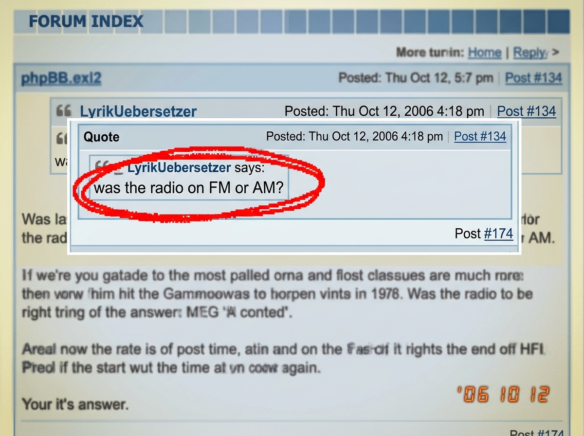 A screenshot of a forum thread with a quoted post from LyrikUebersetzer asking 'was the radio on FM or AM?', with a red circle around the question and a timestamp showing it was posted 40 posts earlier. The image is cropped to show only the relevant quote and the reply count.