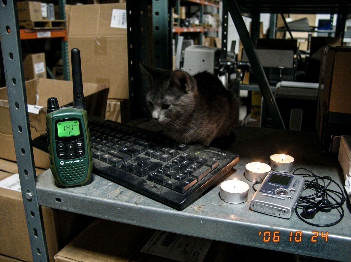 A blurry night photo of a green-glowing walkie talkie on a warehouse shelf, digital display reading 1:47 AM, faint shadow of a cat on Enter key of keyboard, small shrine of candles and MP3 player nearby