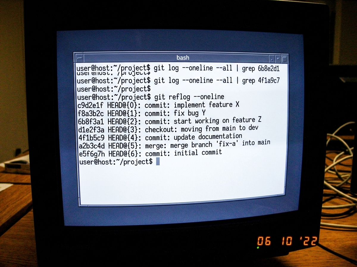 A screenshot of a terminal window showing 'git log --oneline --all | grep 6b8e2d1' with no results returned, then 'git log --oneline --all | grep 4f1a9c7' also returning nothing. A third command 'git reflog --oneline' at the bottom shows entries for sha prefixes starting with 6b8 and 4f1 but no full