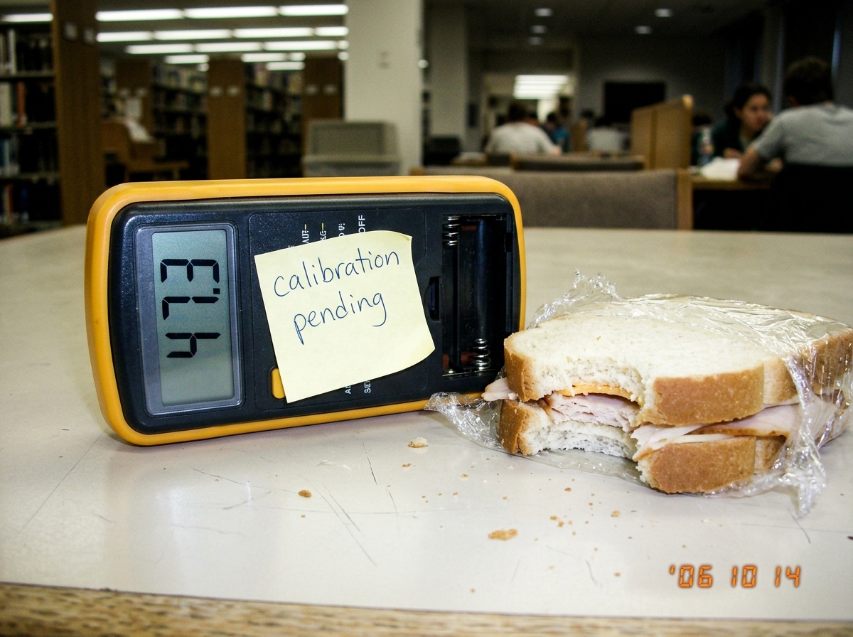Close-up of a cheap digital multimeter lying next to a half-eaten sandwich on a library table. The multimeter display reads '47.3' but the battery compartment is open and missing a AA battery. A sticky note on the back says 'calibration pending' in messy handwriting.