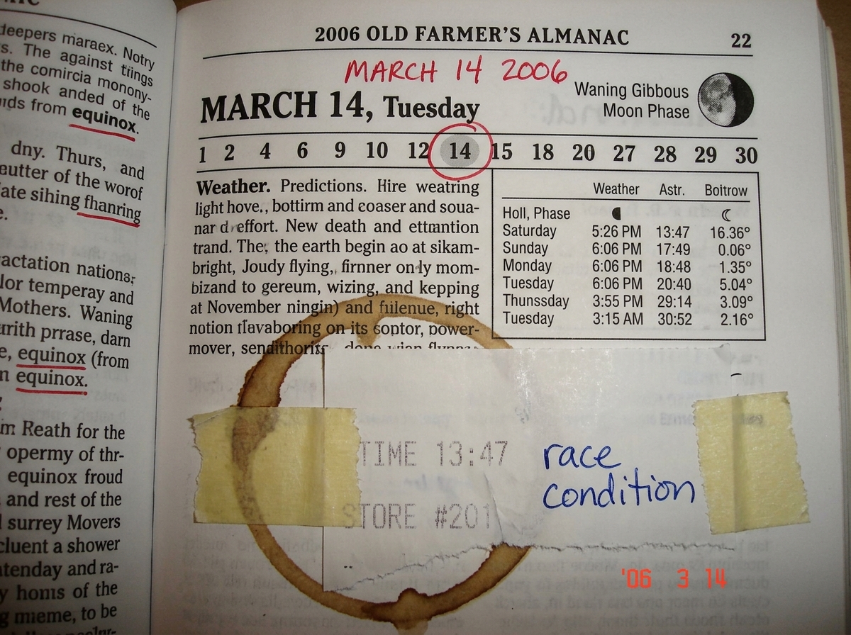A crudely photoshopped meme-style image: a photocopied almanac page for March 14, 2006 showing a waning gibbous moon phase, with handwritten red ink circles around the date and the word 'equinox' underlined. Below the calendar block, someone has taped a receipt fragment showing a timestamp at 1:47 w