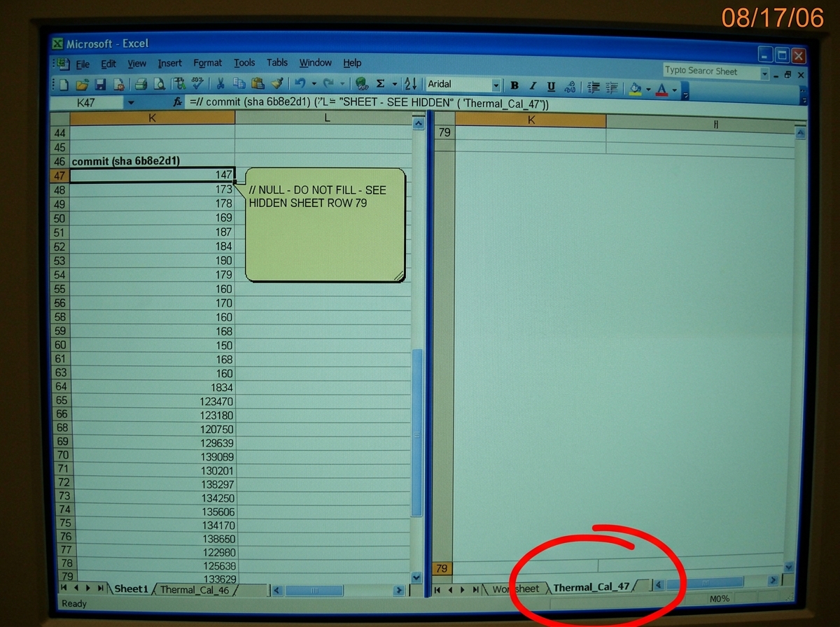 A screenshot of an Excel spreadsheet split into two panes. The left pane shows column K rows 44-79 from the August commit (sha 6b8e2d1), with row 47 cell formula visible and a cell comment bubble open reading '// NULL - DO NOT FILL - SEE HIDDEN SHEET ROW 79'. The right pane shows a hidden sheet tab 