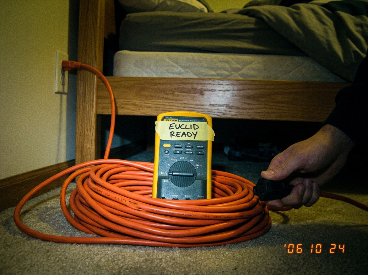 Cell phone photo of a coiled 16 AWG extension cord rated 15A plugged into wall outlet behind bed with Fluke 87V multimeter sitting on top of coil, tape on Fluke reading 'EUCLID READY', hand reaching into frame holding other end of cord
