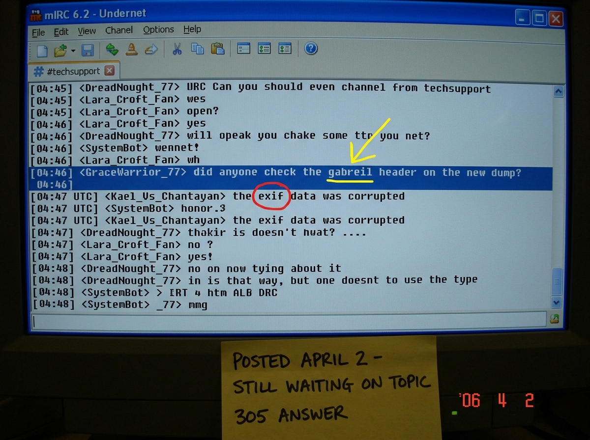 Screen-captured chat log from IRC showing Kael_Vs_Chantayan typing 'the exif data was corrupted' in lowercase, timestamped 04:47 UTC, next to a highlighted line showing GraceWarrior_77's 'gabreil' typo from the same channel, with a red circle around the lowercase 'exif' and a yellow arrow pointing a