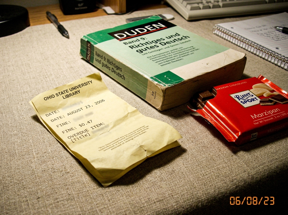 A crumpled library overdue receipt for 47 cents, dated August 23, 2006, photographed on a linen-textured dorm desk next to a copy of Duden volume 9 (Richtiges und gutes Deutsch) and a half-eaten Ritter Sport marzipan chocolate bar. The receipt is from Ohio State University library.