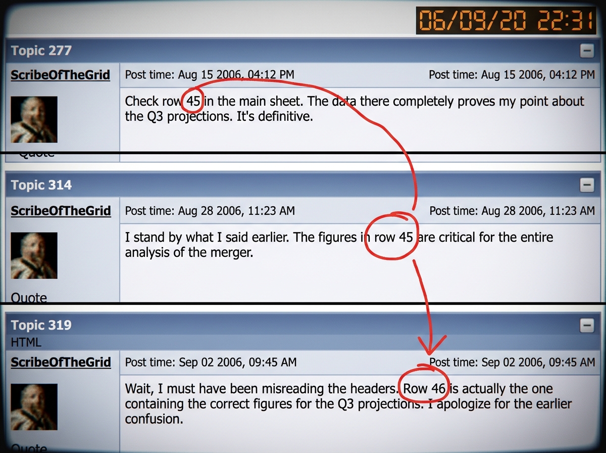 Screenshot collage comparing ScribeOfTheGrid's posts from topic 277 citing row 45, topic 314 citing row 45 again, and topic 319 admitting row 46, with a red circle highlight on the contradiction and a timestamp overlay showing all three were posted after the August 6 commit