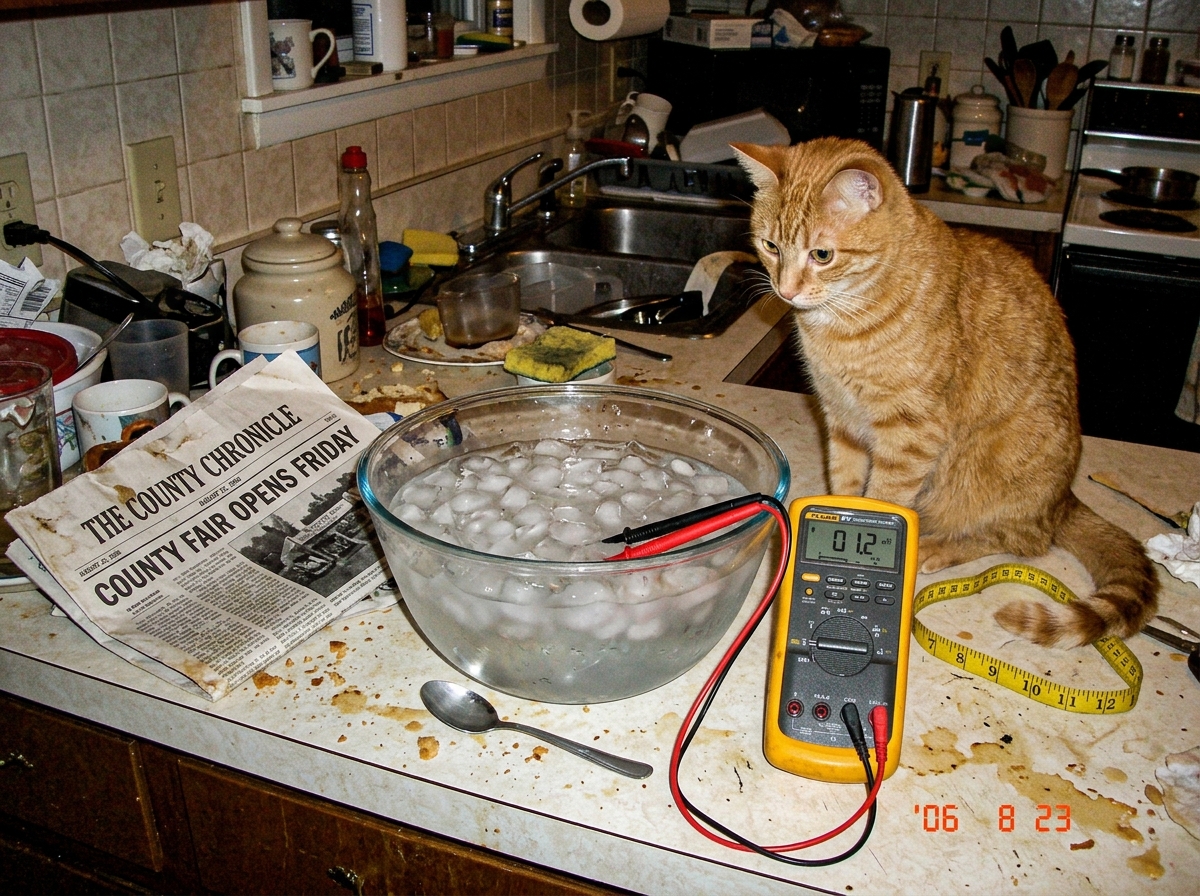 A messy kitchen counter with a glass bowl full of ice cubes and water, a crumpled newspaper beside it dated August 23, 2006 visible with headline 'County Fair Opens Friday', and a Fluke 87V multimeter with leads submerged in the ice bath. A stray orange tabby cat is sitting on the counter watching, 