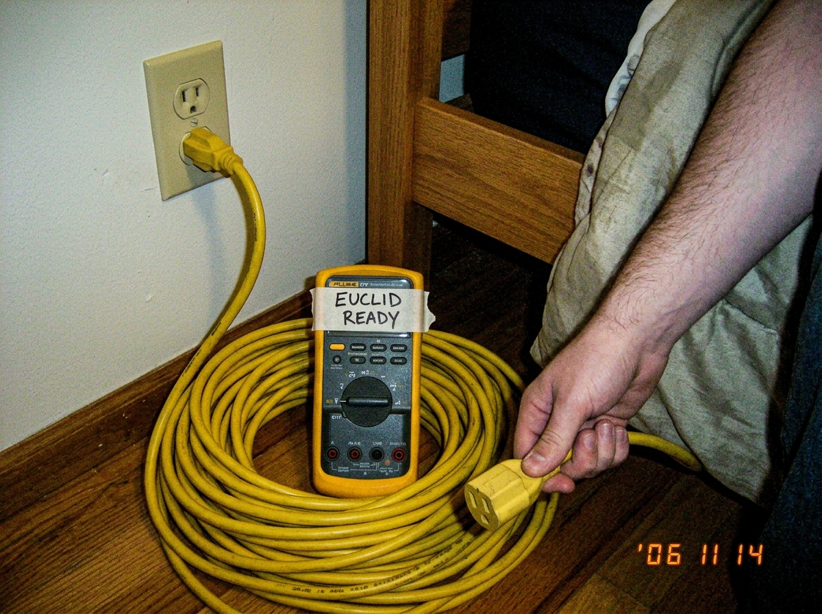 Cell phone photo of a coiled 16 AWG extension cord rated 15A plugged into wall outlet behind bed with Fluke 87V multimeter sitting on top of coil, tape on Fluke reading 'EUCLID READY', hand reaching into frame holding other end of cord