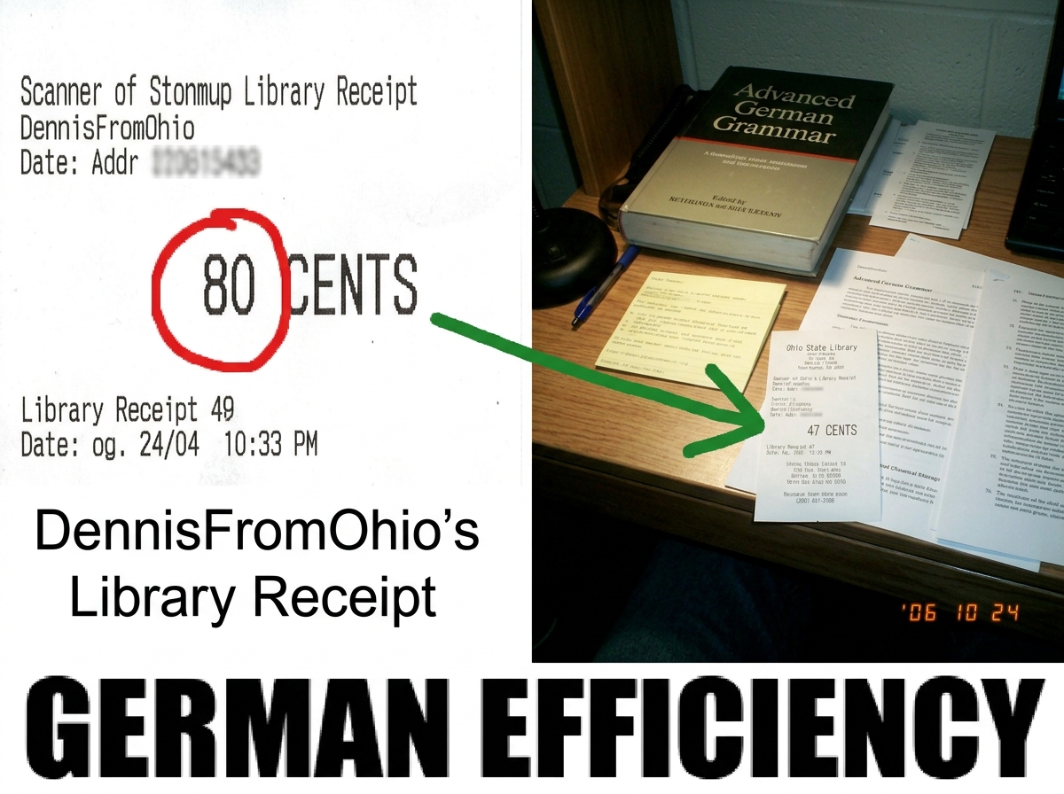 Crude MS Paint side-by-side comparison: left side shows DennisFromOhio's library receipt reading 80 CENTS with a red circle around the '8', right side shows LyrikUebersetzer's dorm desk photo of a 47 cent Ohio State library receipt. A green arrow connects the two. Bottom text in Impact font: 'GERMAN